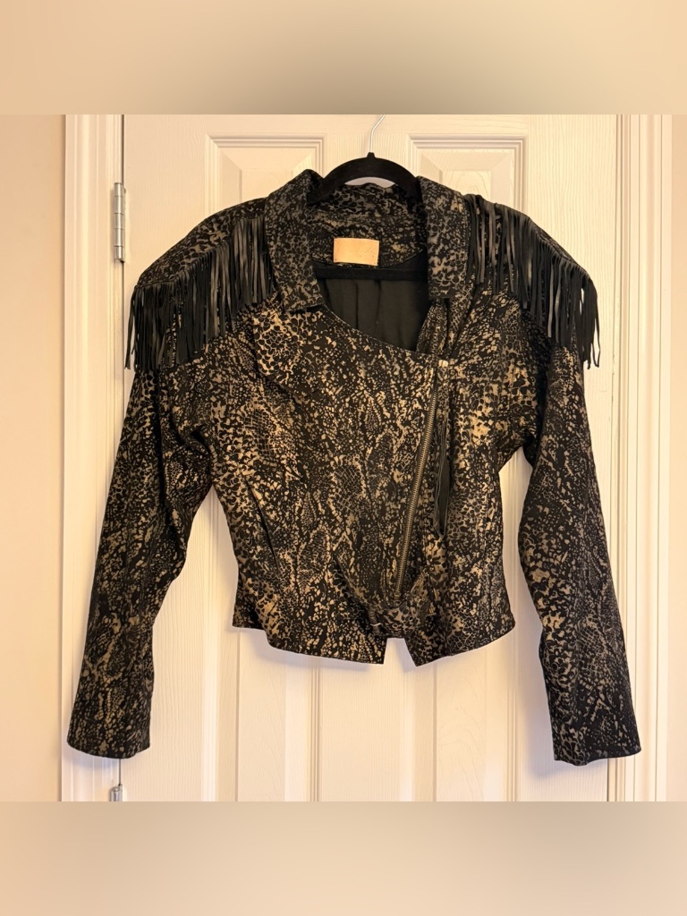 Cleobella Fringe Sheepskin Leather Jacket Metallic Gold Black Animal Print Small